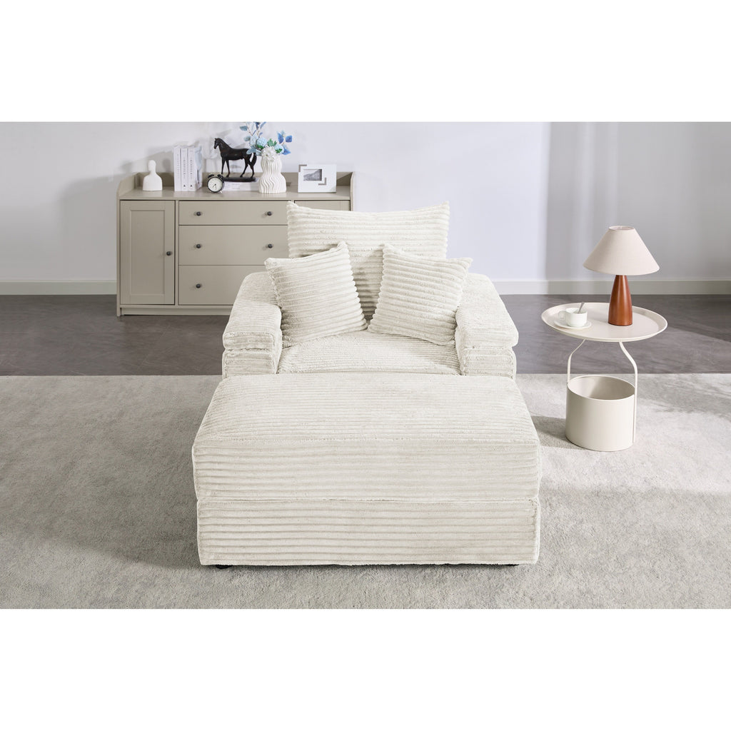 Canapé simple en velours côtelé beige avec pouf et accoudoir de rangement