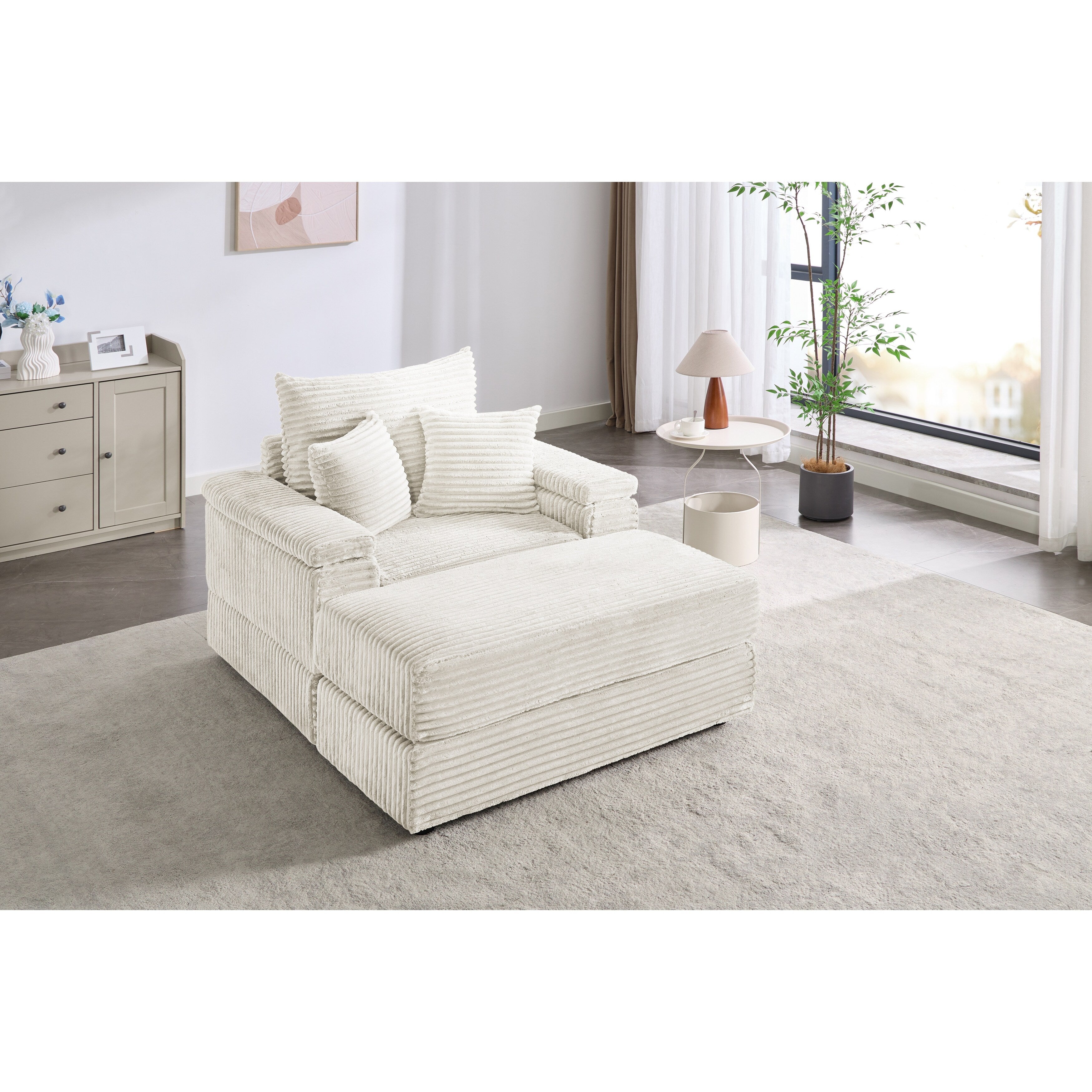 Canapé simple en velours côtelé beige avec pouf et accoudoir de rangement