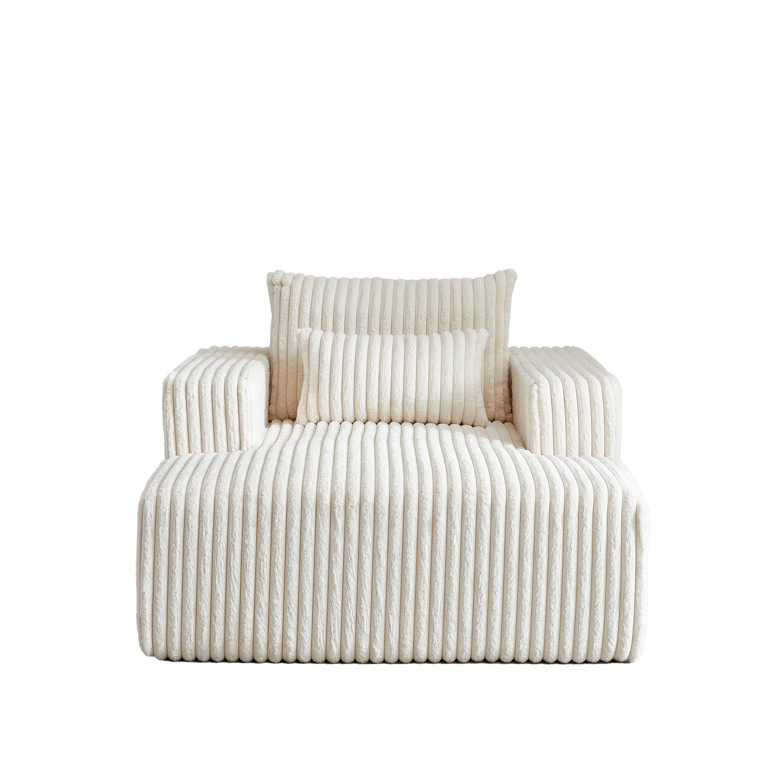 Fauteuil de salon en velours côtelé beige avec 2 coussins