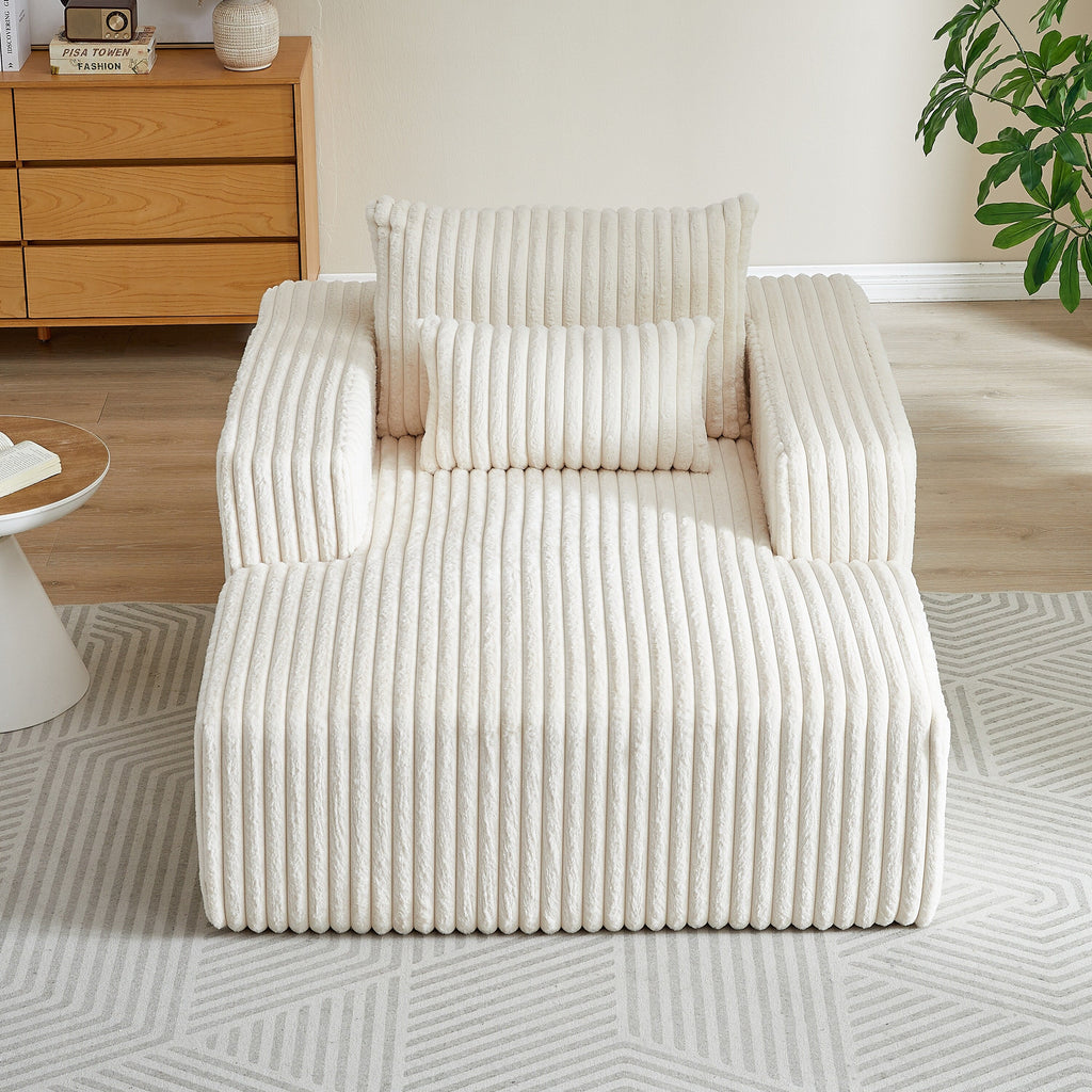 Fauteuil de salon en velours côtelé beige avec 2 coussins