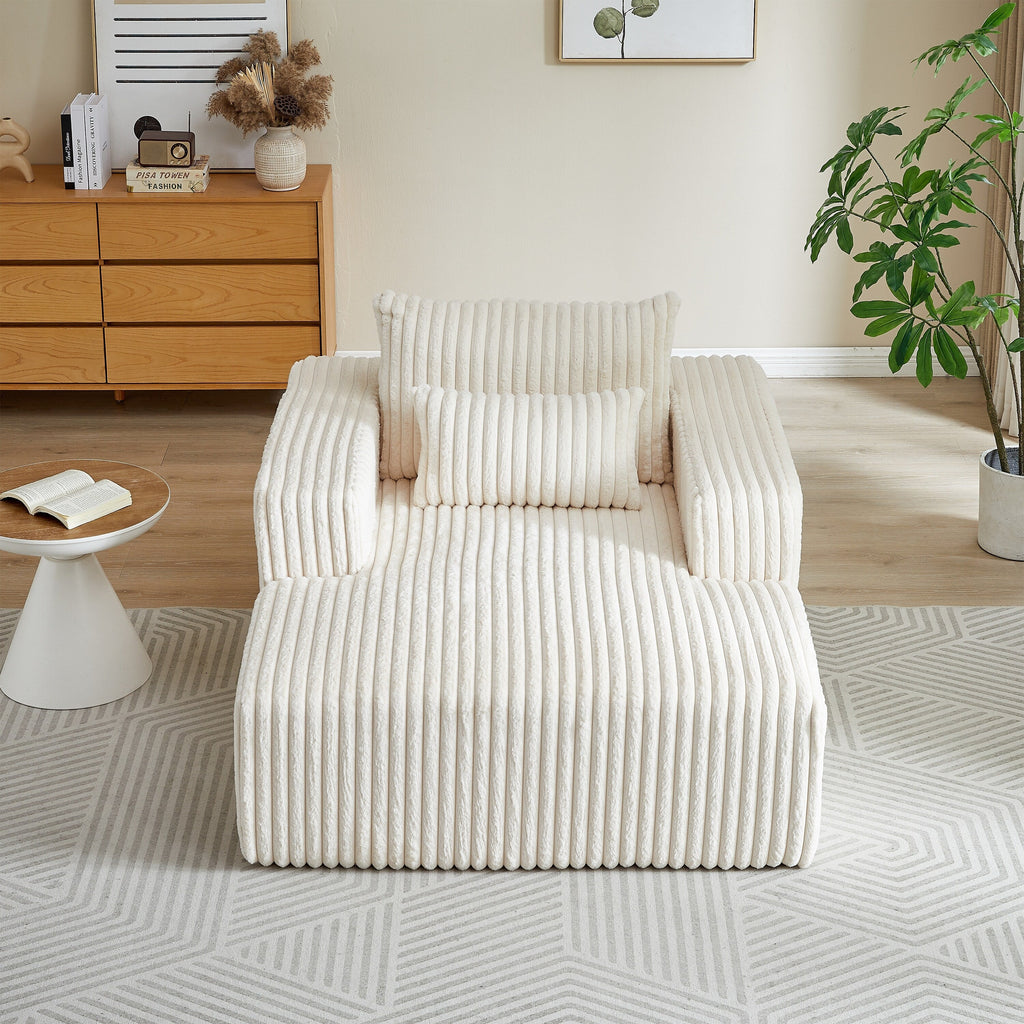 Fauteuil de salon en velours côtelé beige avec 2 coussins