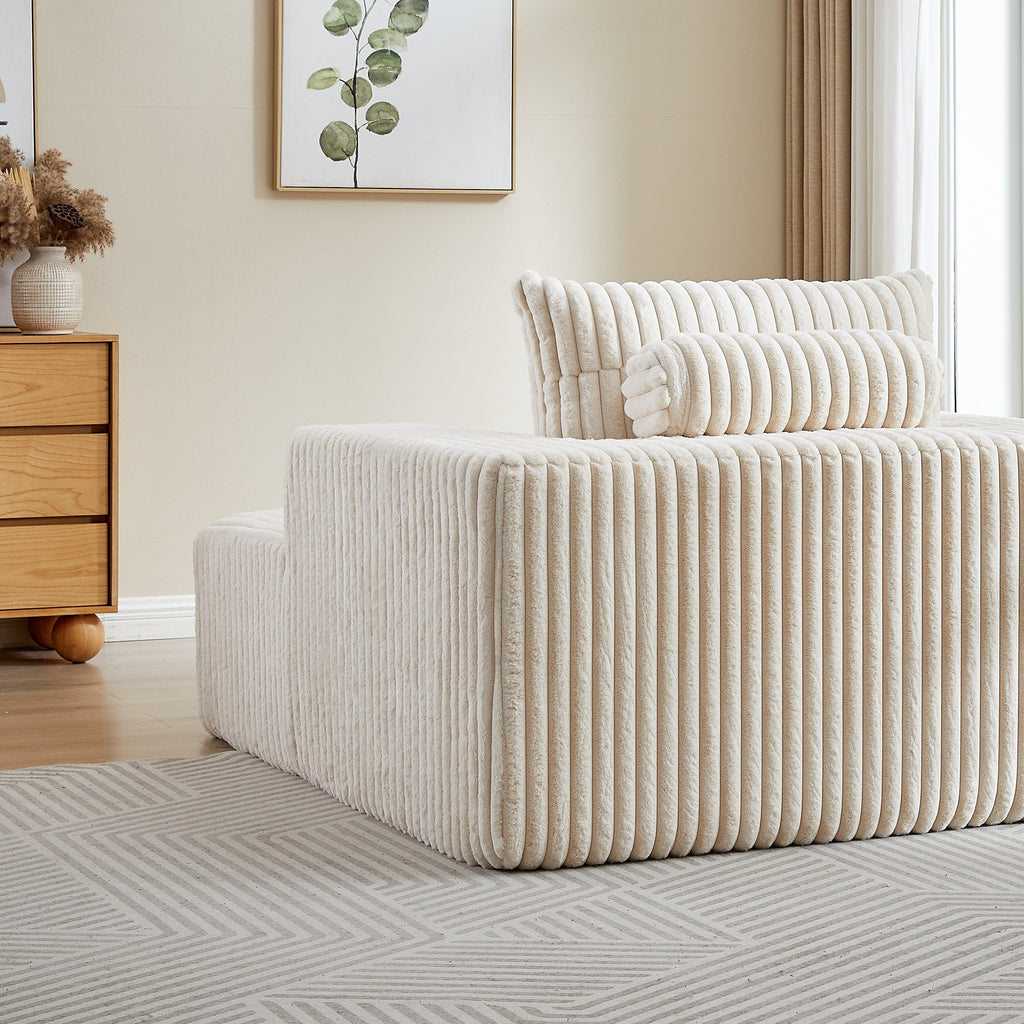 Fauteuil de salon en velours côtelé beige avec 2 coussins