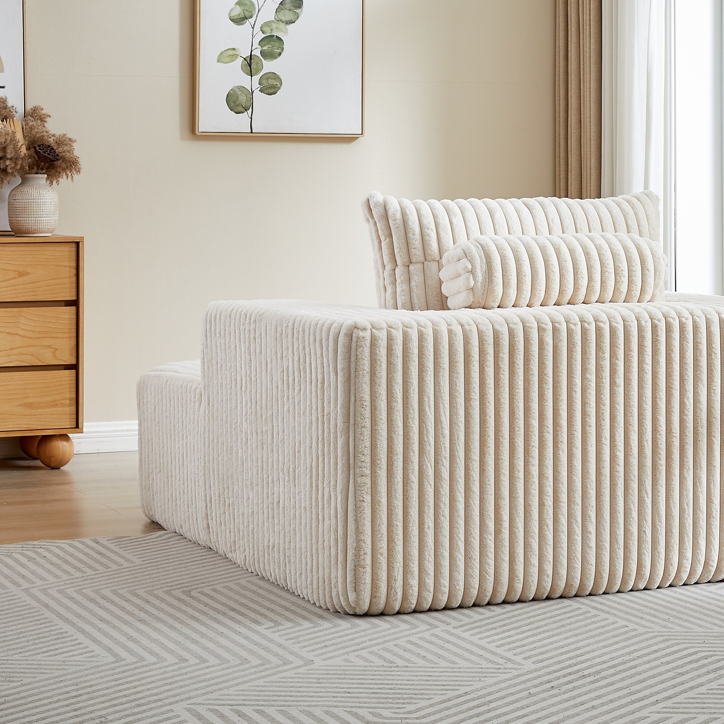 Fauteuil de salon en velours côtelé beige avec 2 coussins