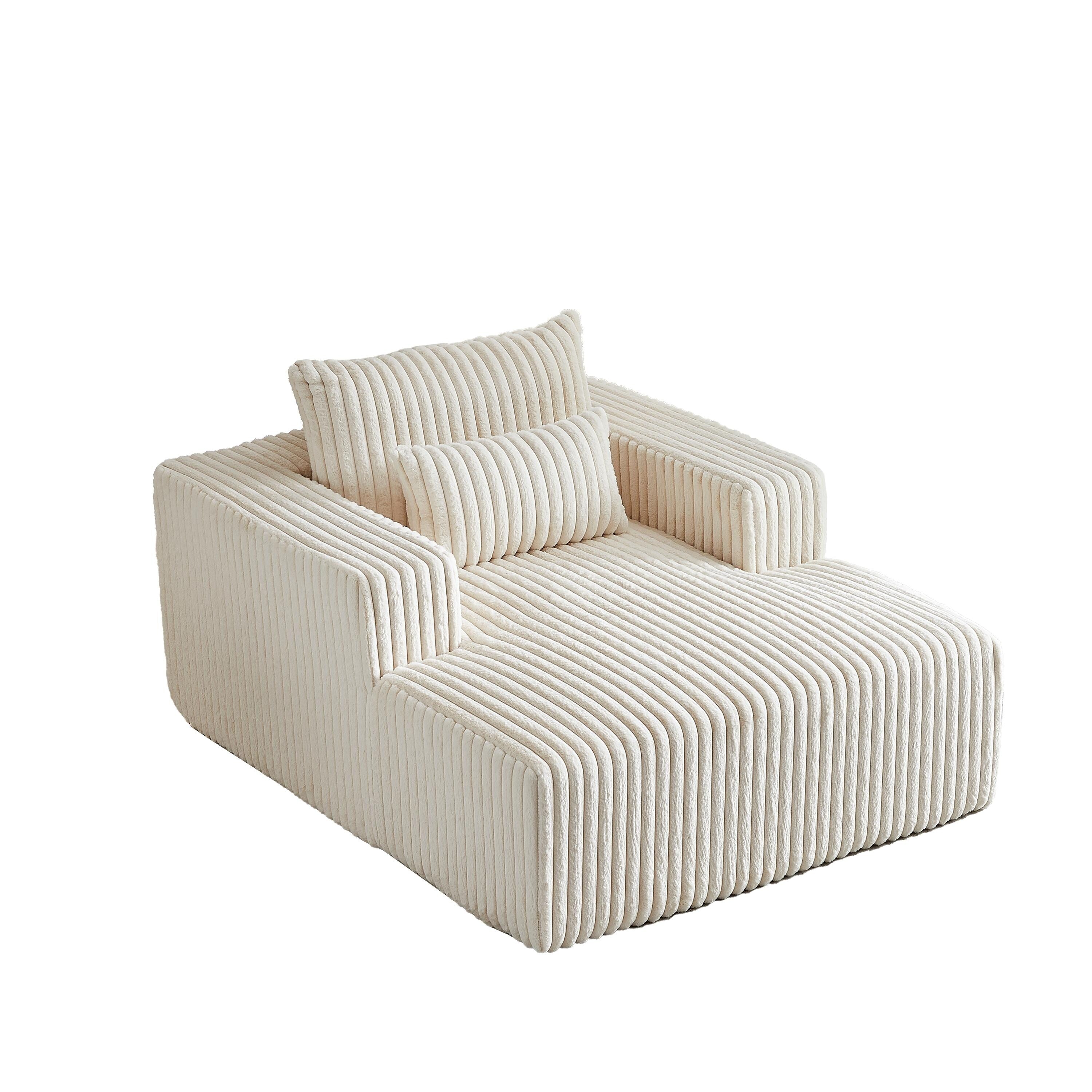 Fauteuil de salon en velours côtelé beige avec 2 coussins