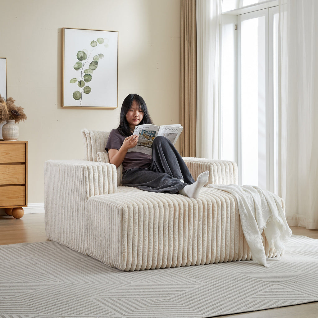 Fauteuil de salon en velours côtelé beige avec 2 coussins