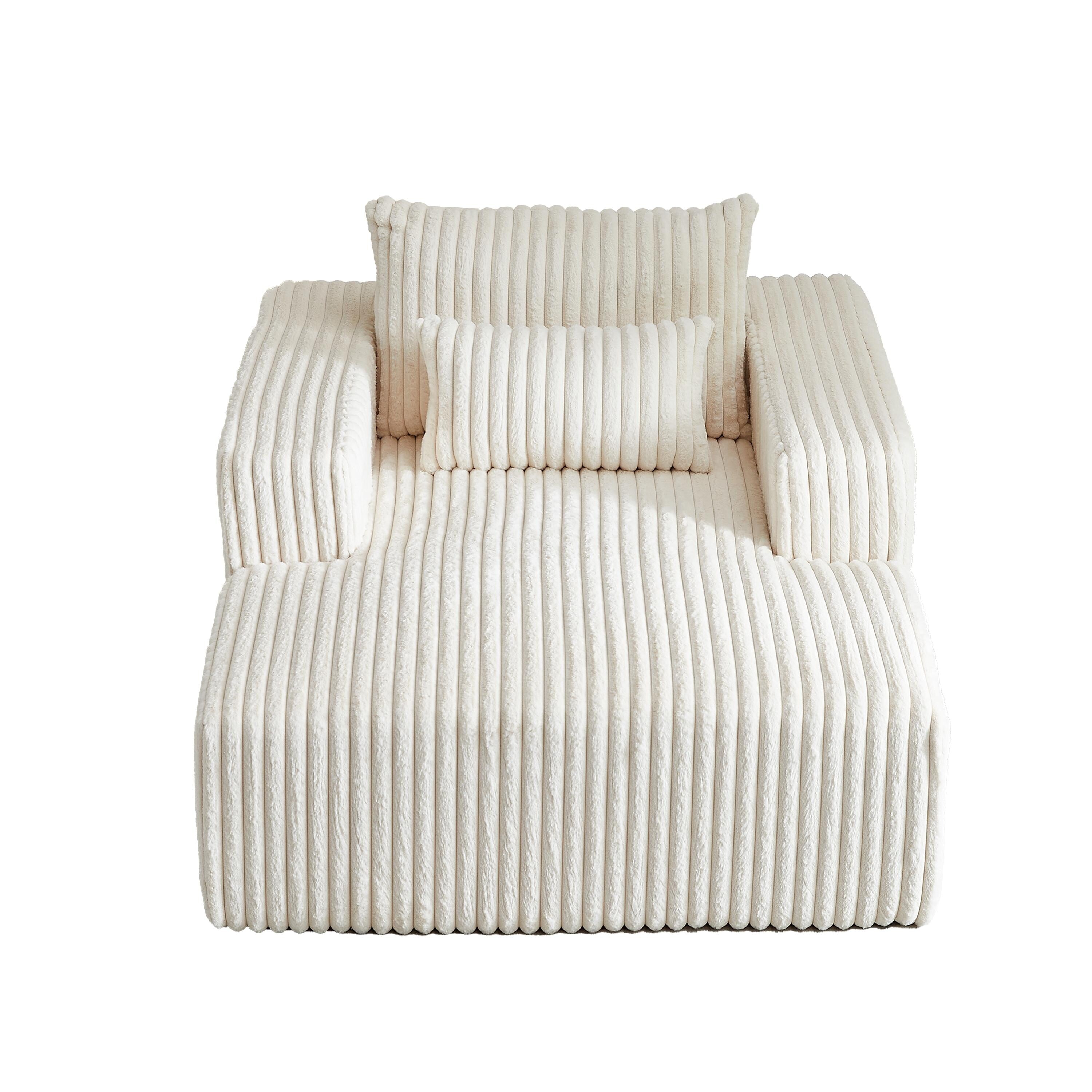 Fauteuil de salon en velours côtelé beige avec 2 coussins