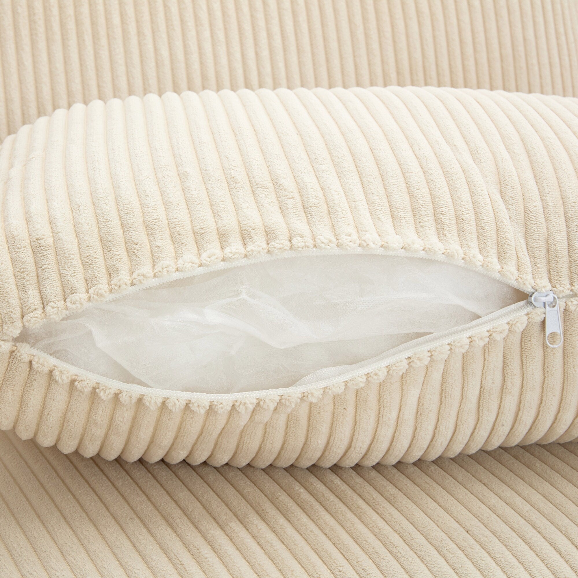 Canapé 3 places rembourré en velours côtelé beige avec coussins amovibles