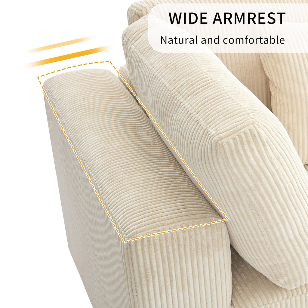 Canapé 3 places rembourré en velours côtelé beige avec coussins amovibles