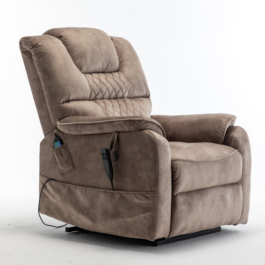 Fauteuil inclinable électrique beige pour personnes âgées, inclinable à 180°, moteur OKIN, assise large et poches latérales.