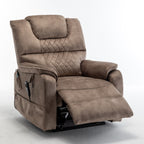 Fauteuil inclinable électrique beige pour personnes âgées, inclinable à 180°, moteur OKIN, assise large et poches latérales.