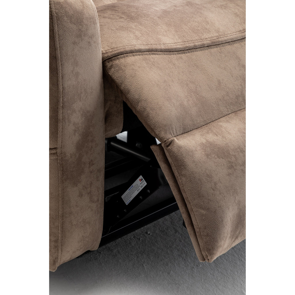 Fauteuil inclinable électrique beige pour personnes âgées, inclinable à 180°, moteur OKIN, assise large et poches latérales.