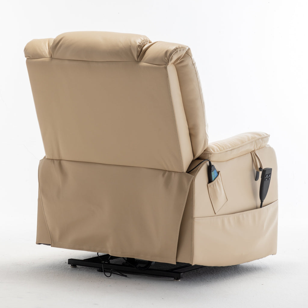Fauteuil inclinable électrique beige pour personnes âgées, inclinable à 180°, moteur OKIN, assise large et poches latérales.
