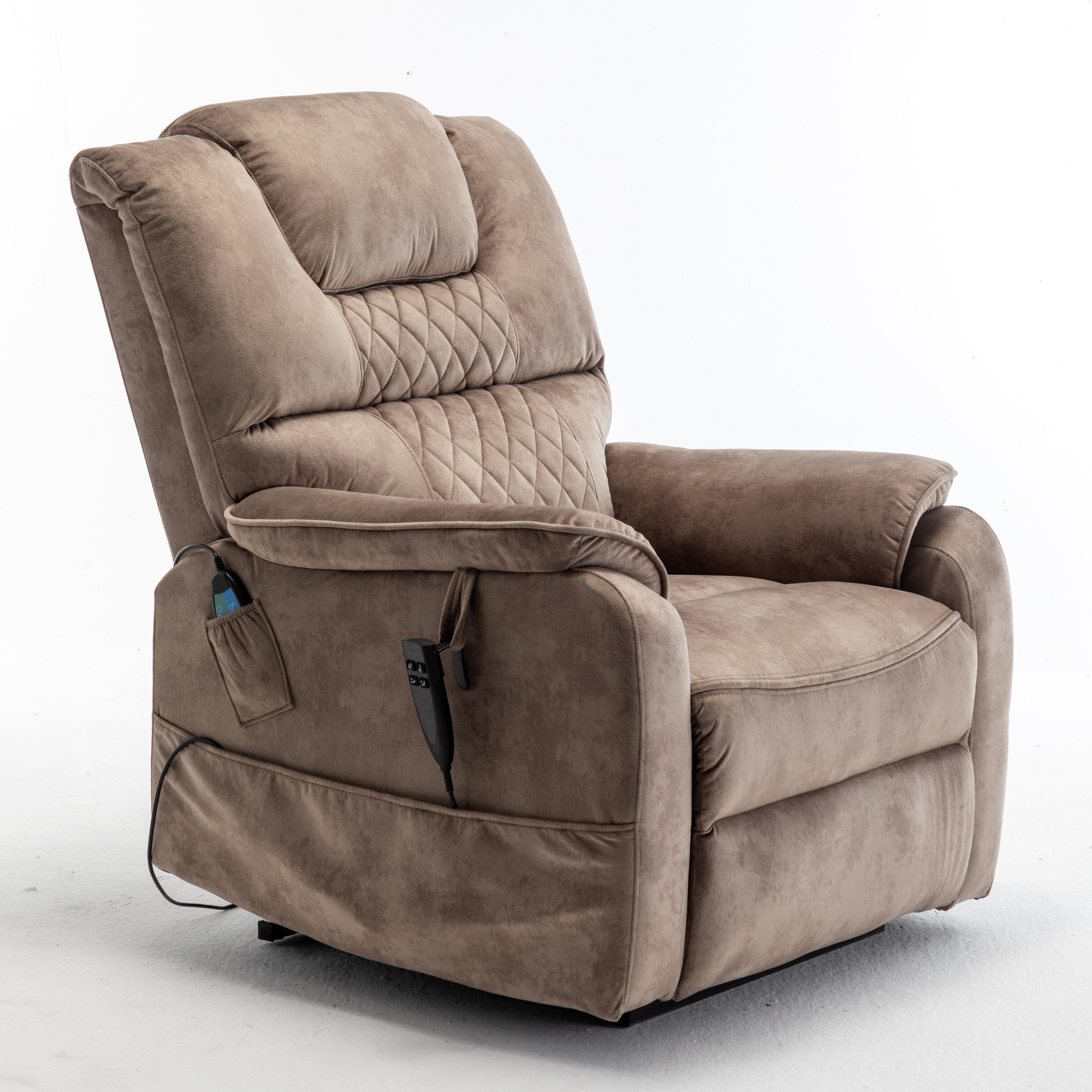 Fauteuil inclinable électrique beige pour personnes âgées, inclinable à 180°, moteur OKIN, assise large et poches latérales.