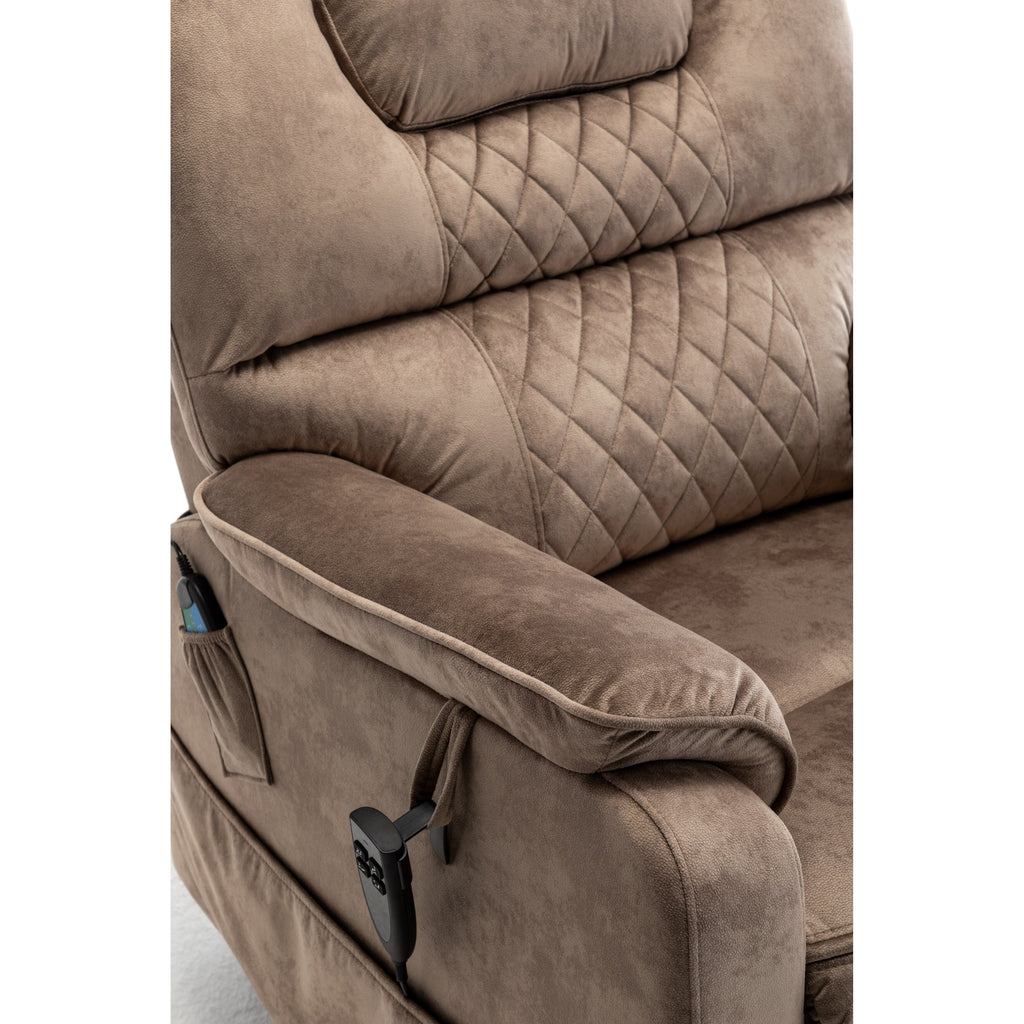 Fauteuil inclinable électrique beige pour personnes âgées, inclinable à 180°, moteur OKIN, assise large et poches latérales.