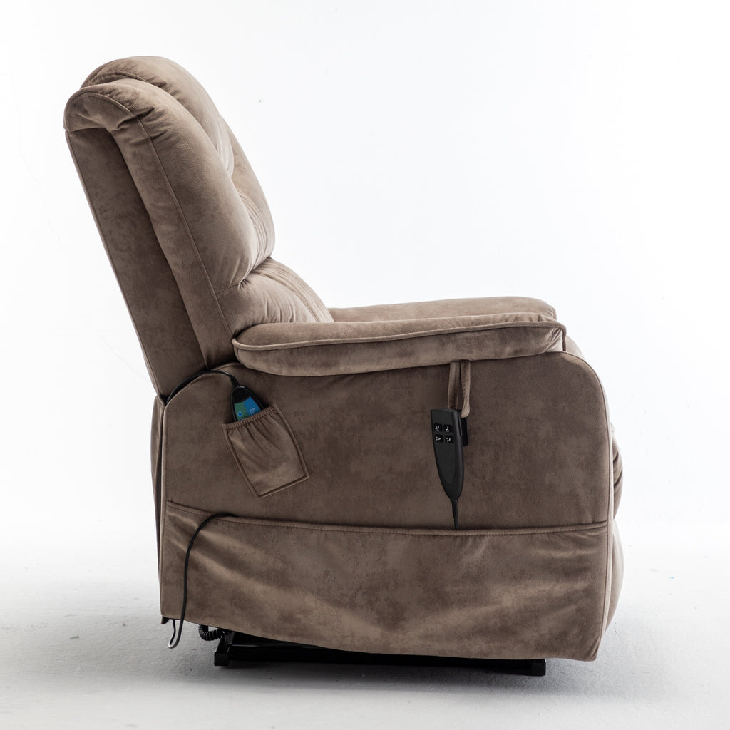 Fauteuil inclinable électrique beige pour personnes âgées, inclinable à 180°, moteur OKIN, assise large et poches latérales.