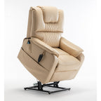 Fauteuil inclinable électrique beige pour personnes âgées, inclinable à 180°, moteur OKIN, assise large et poches latérales.