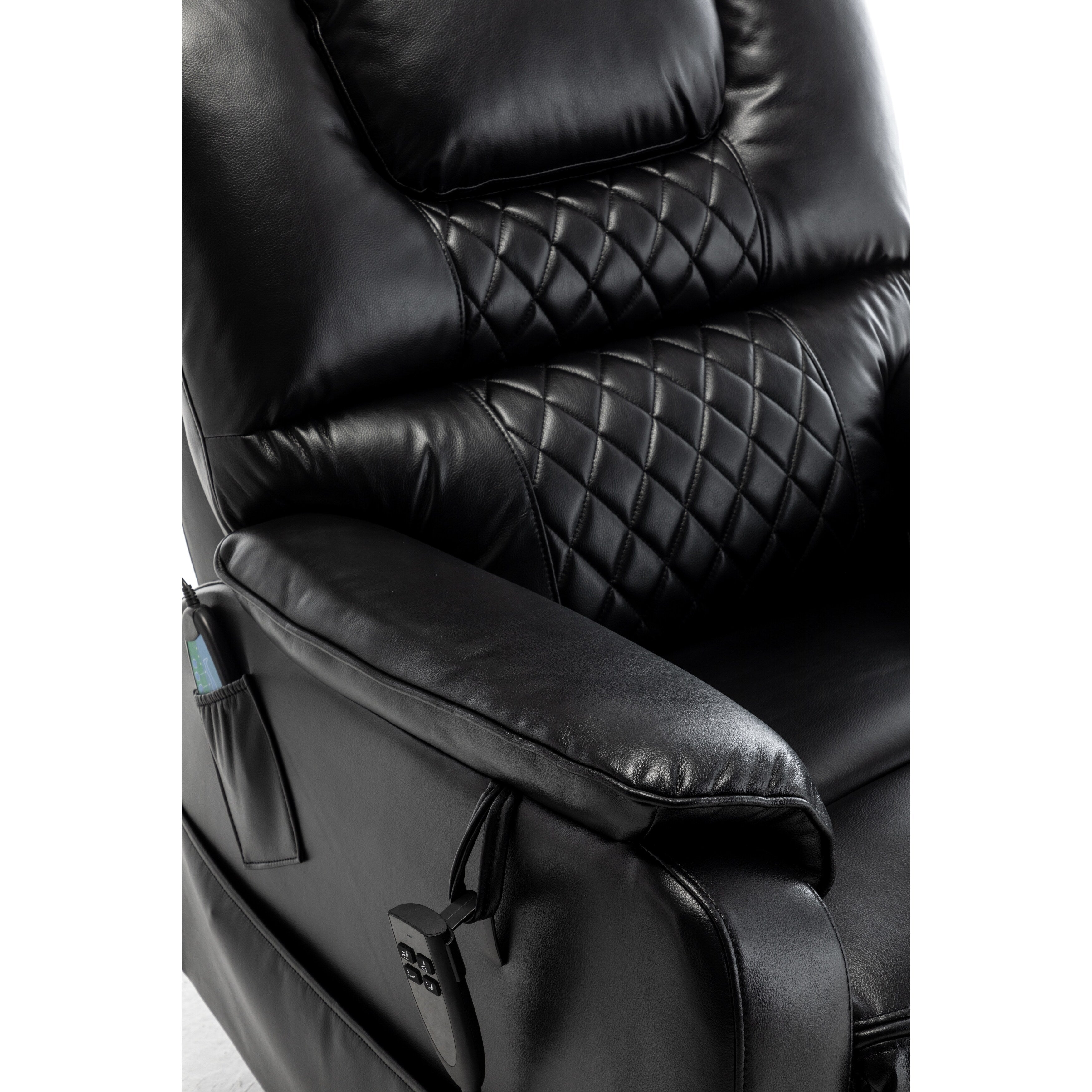 Fauteuil inclinable électrique beige pour personnes âgées, inclinable à 180°, moteur OKIN, assise large et poches latérales.