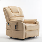 Fauteuil inclinable électrique beige pour personnes âgées, inclinable à 180°, moteur OKIN, assise large et poches latérales.