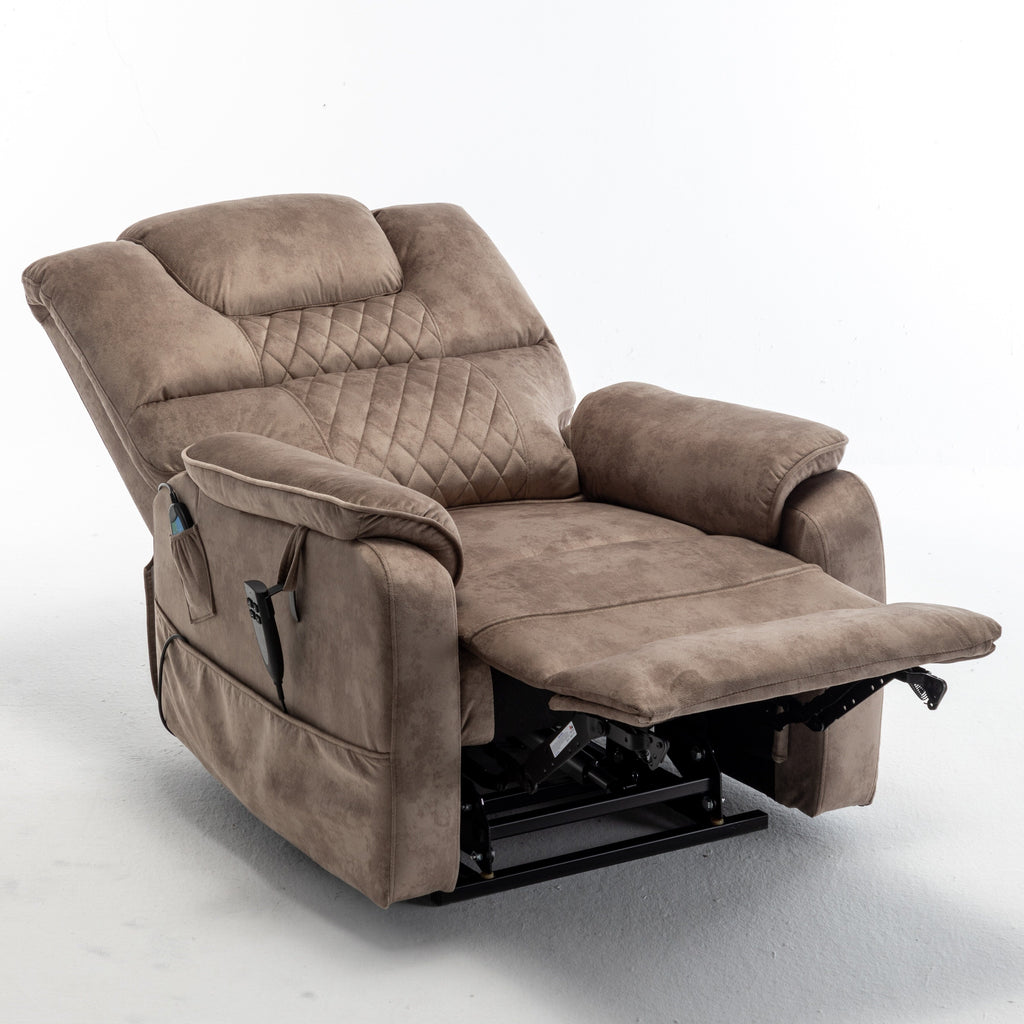 Fauteuil inclinable électrique beige pour personnes âgées, inclinable à 180°, moteur OKIN, assise large et poches latérales.
