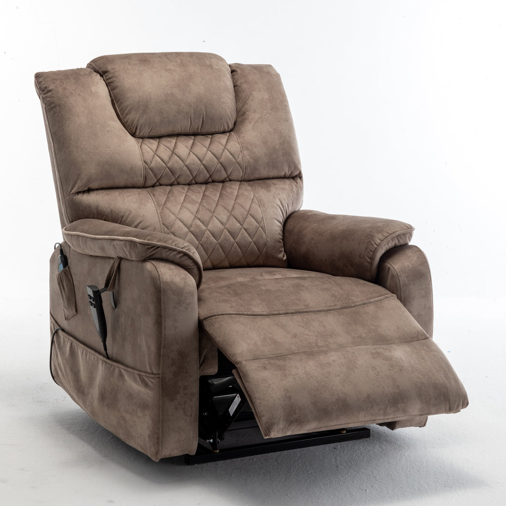 Fauteuil inclinable électrique beige pour seniors avec moteur OKIN, inclinaison complète à 180°, assise large et poches de rangement latérales.