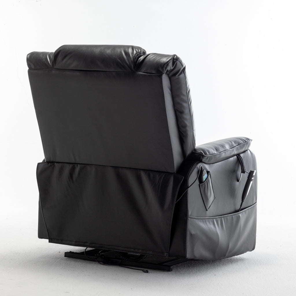 Fauteuil inclinable électrique beige pour seniors avec moteur OKIN, inclinaison complète à 180°, assise large et poches de rangement latérales.