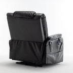 Fauteuil inclinable électrique beige pour seniors avec moteur OKIN, inclinaison complète à 180°, assise large et poches de rangement latérales.