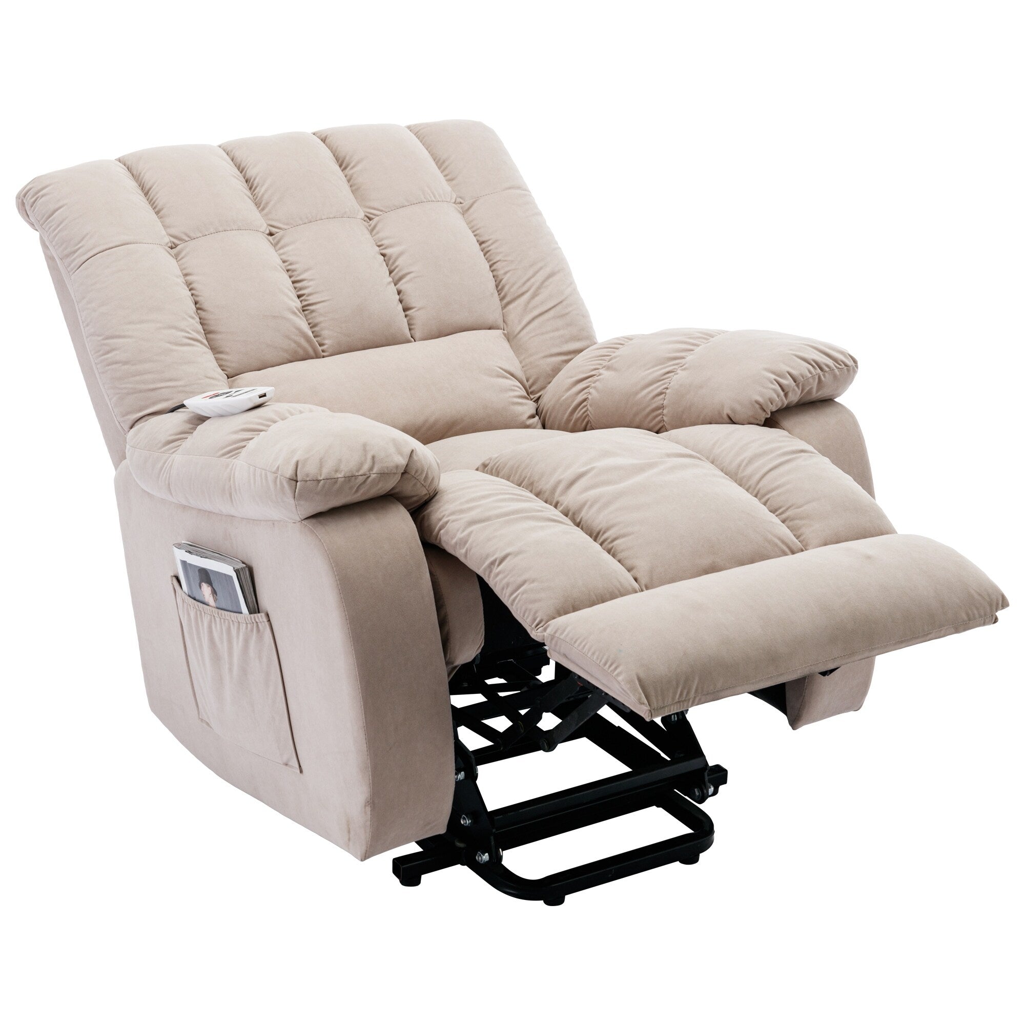 Fauteuil inclinable électrique beige avec chauffage, massage par vibrations et rangement latéral pour une expérience de salon relaxante