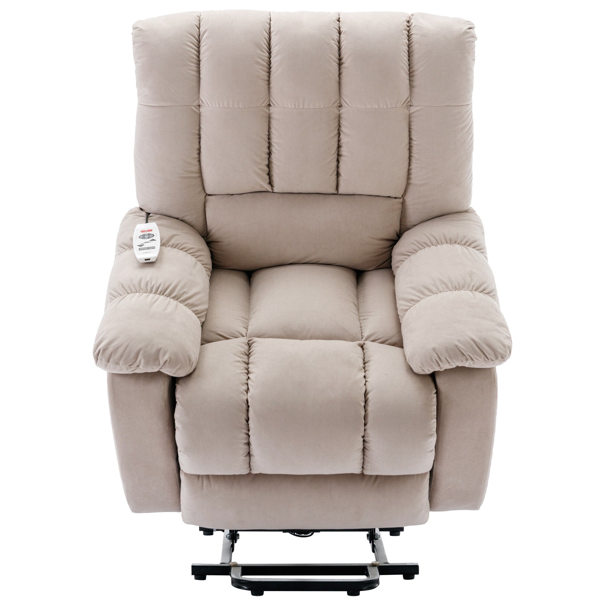 Fauteuil inclinable électrique beige avec chauffage, massage par vibrations et rangement latéral pour une expérience de salon relaxante