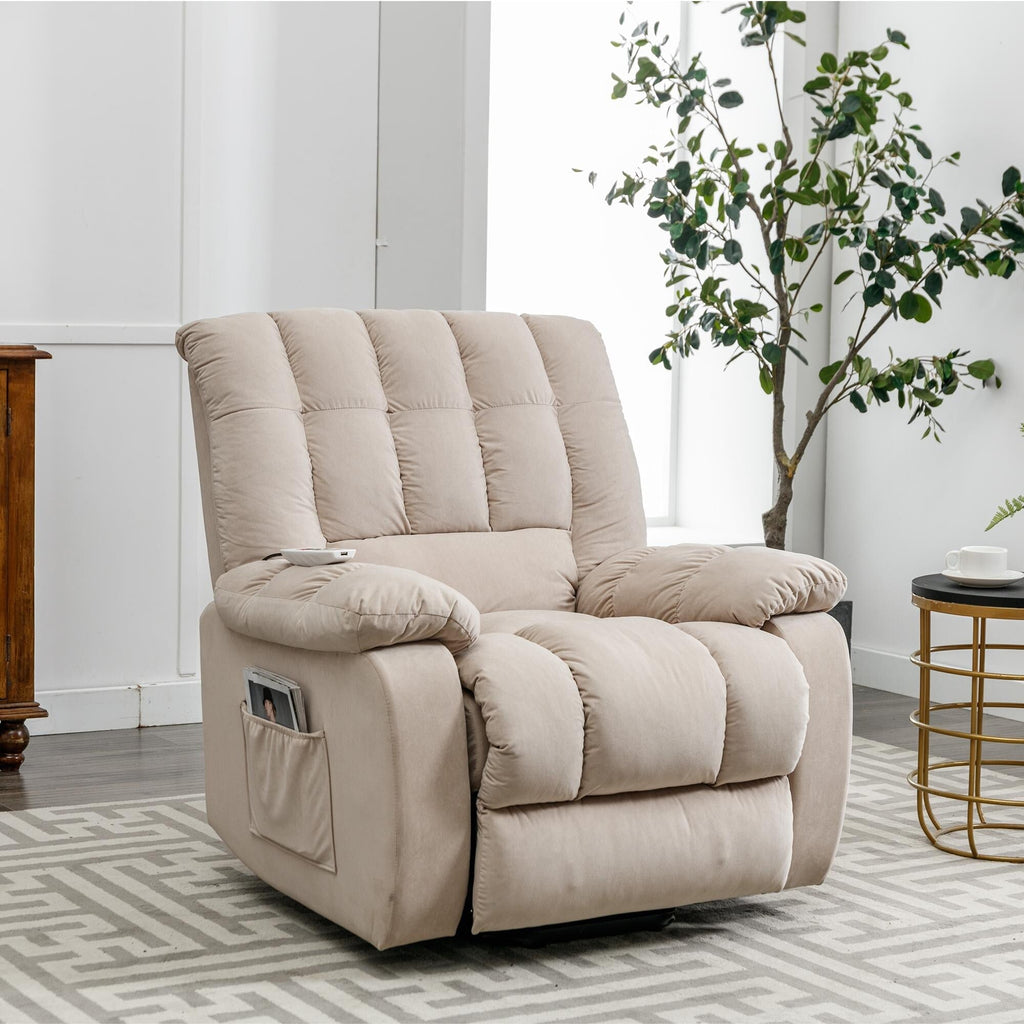 Fauteuil inclinable électrique beige avec chauffage, massage par vibrations et rangement latéral pour une expérience de salon relaxante