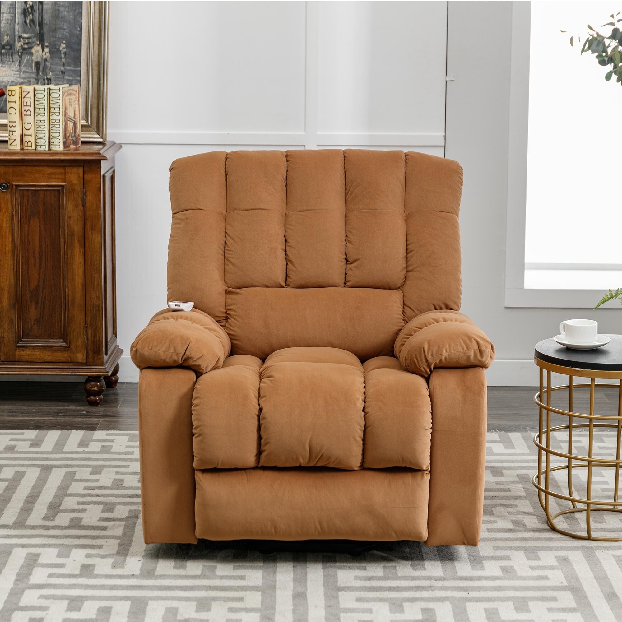 Fauteuil inclinable électrique beige avec chauffage, massage et rangement latéral pour salon ou chambre