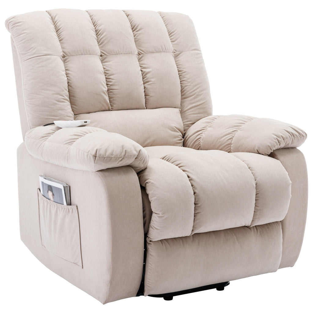 Fauteuil inclinable électrique beige avec chauffage, massage et rangement latéral pour salon ou chambre