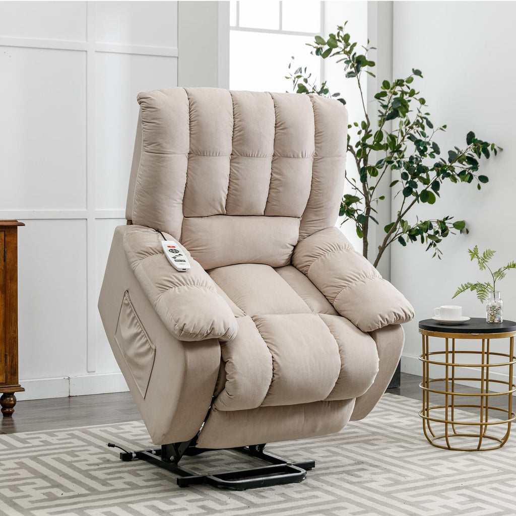 Fauteuil inclinable électrique beige avec chauffage, massage par vibrations et poches de rangement latérales pour le salon