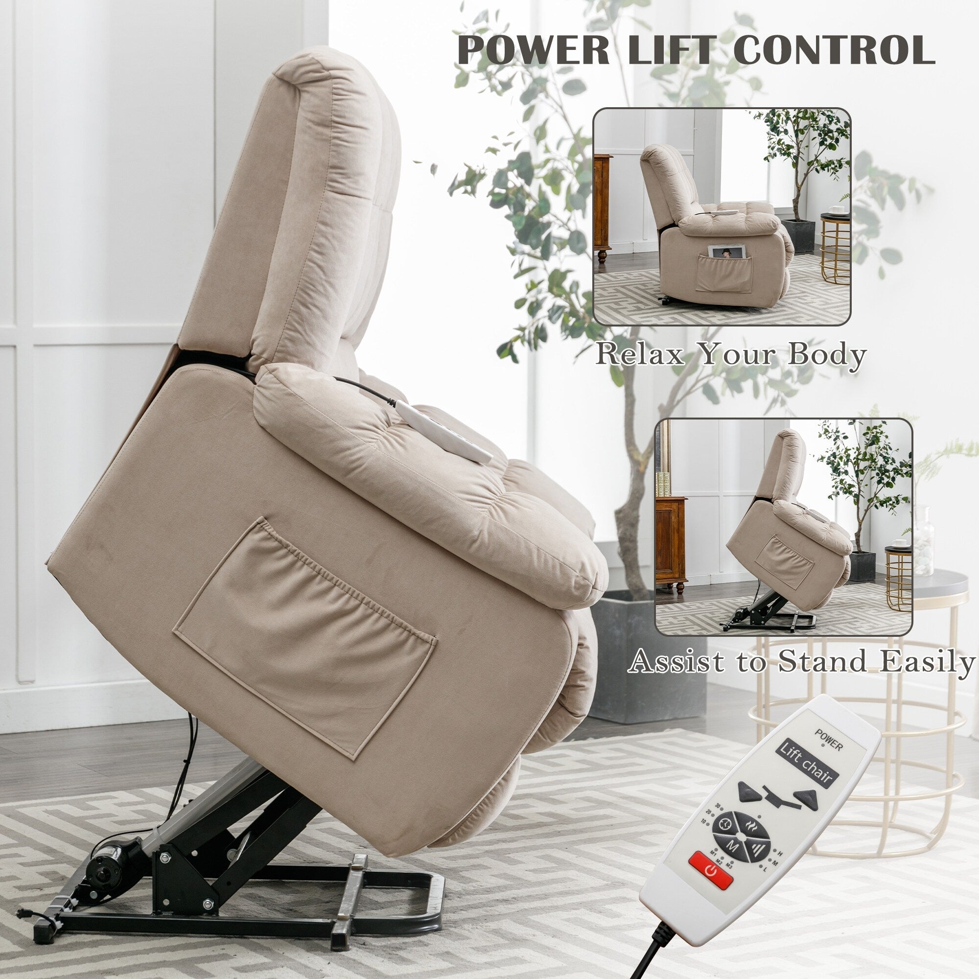 Fauteuil inclinable électrique beige avec chauffage, massage par vibrations et poches de rangement latérales pour le salon