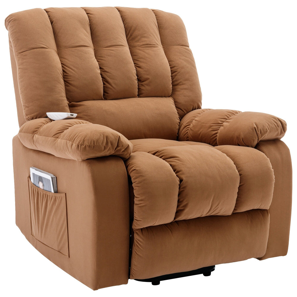 Fauteuil inclinable électrique beige avec chauffage, massage par vibrations et poches de rangement latérales pour le salon