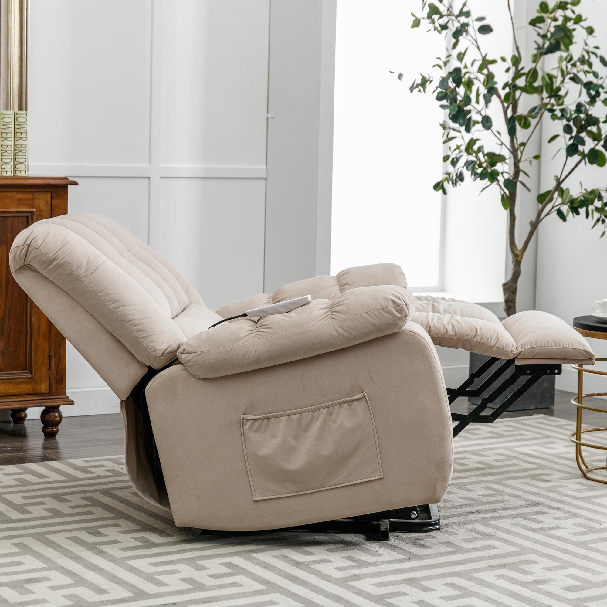 Fauteuil inclinable électrique beige avec chauffage, massage et poche latérale pour salon ou chambre