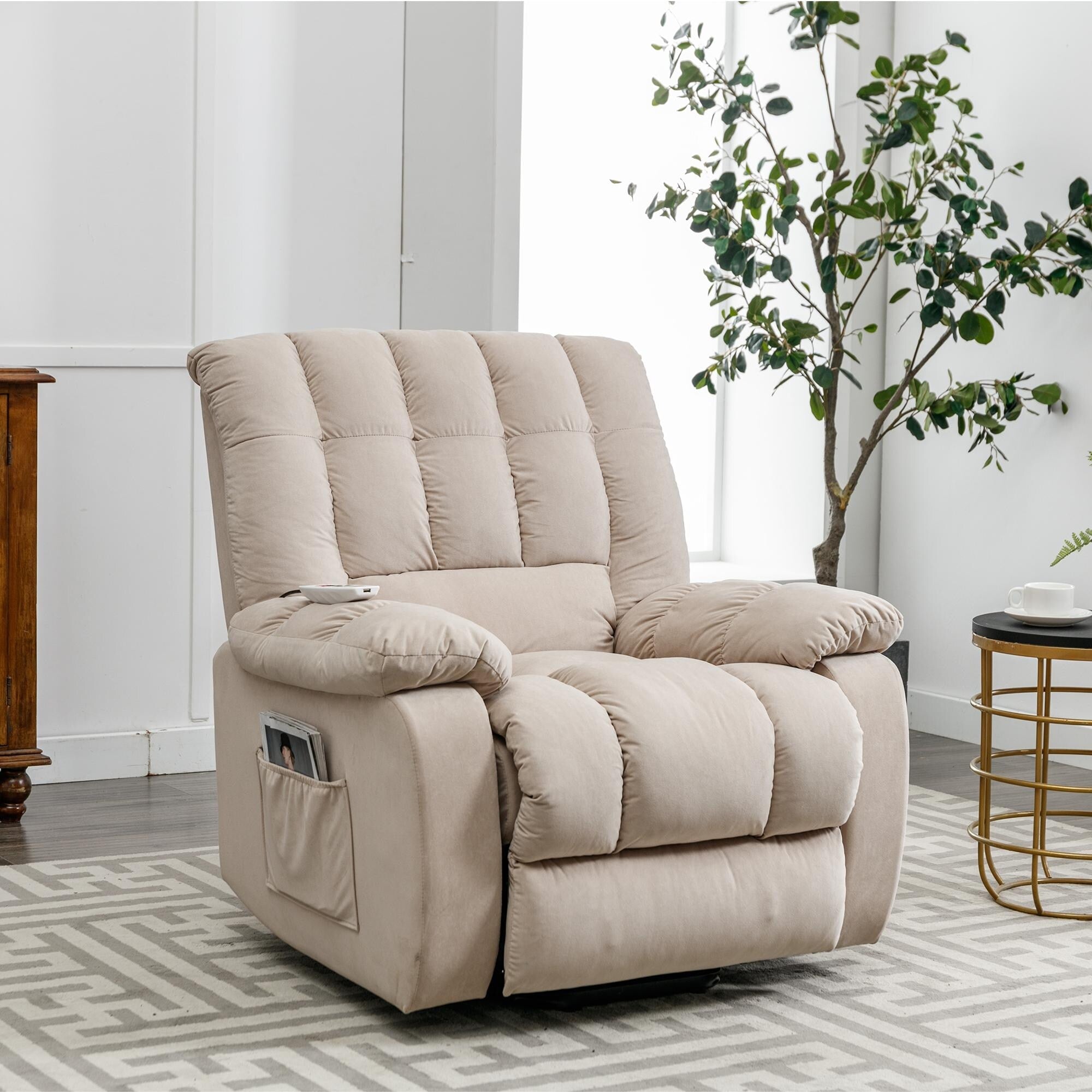 Fauteuil inclinable électrique beige avec chauffage, massage et poche latérale pour salon ou chambre