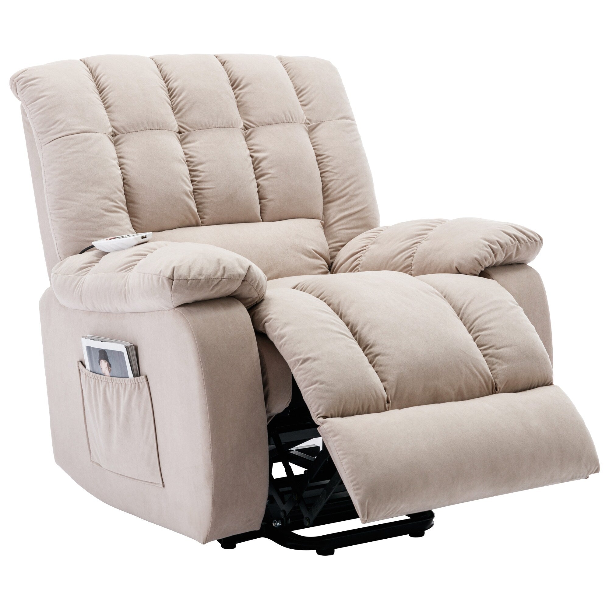 Fauteuil inclinable électrique beige avec chauffage, massage et poche latérale pour salon ou chambre