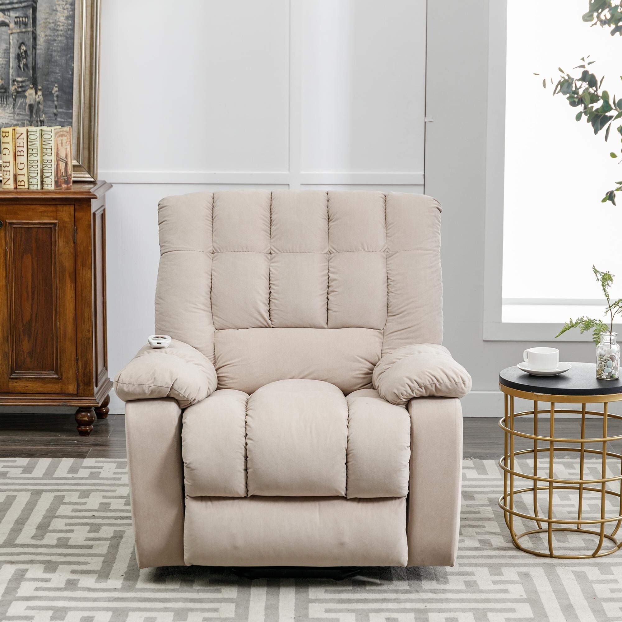 Fauteuil inclinable électrique beige avec chauffage, massage et poche de rangement pour salon/chambre