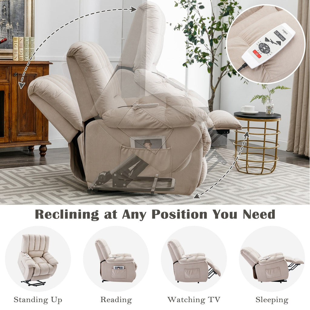 Fauteuil inclinable électrique beige avec chauffage, massage et poche de rangement pour le salon ou la chambre