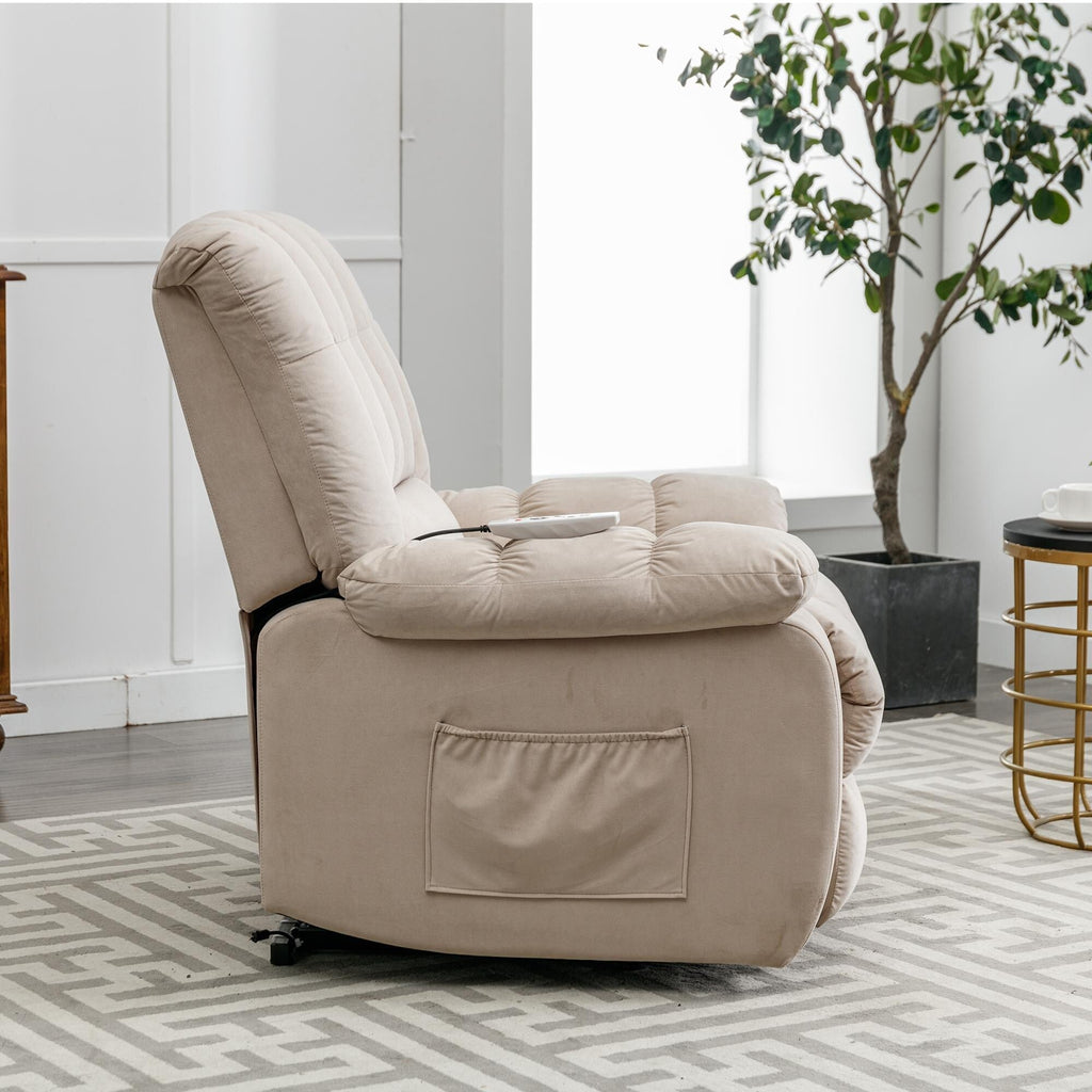 Fauteuil inclinable électrique beige avec chauffage, massage et poche de rangement pour le salon ou la chambre