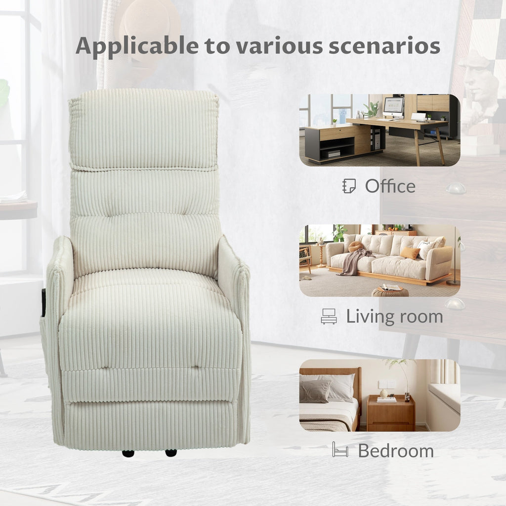 Fauteuil inclinable électrique beige avec poches latérales, ressorts ensachés et coussin moelleux pour salon et chambre