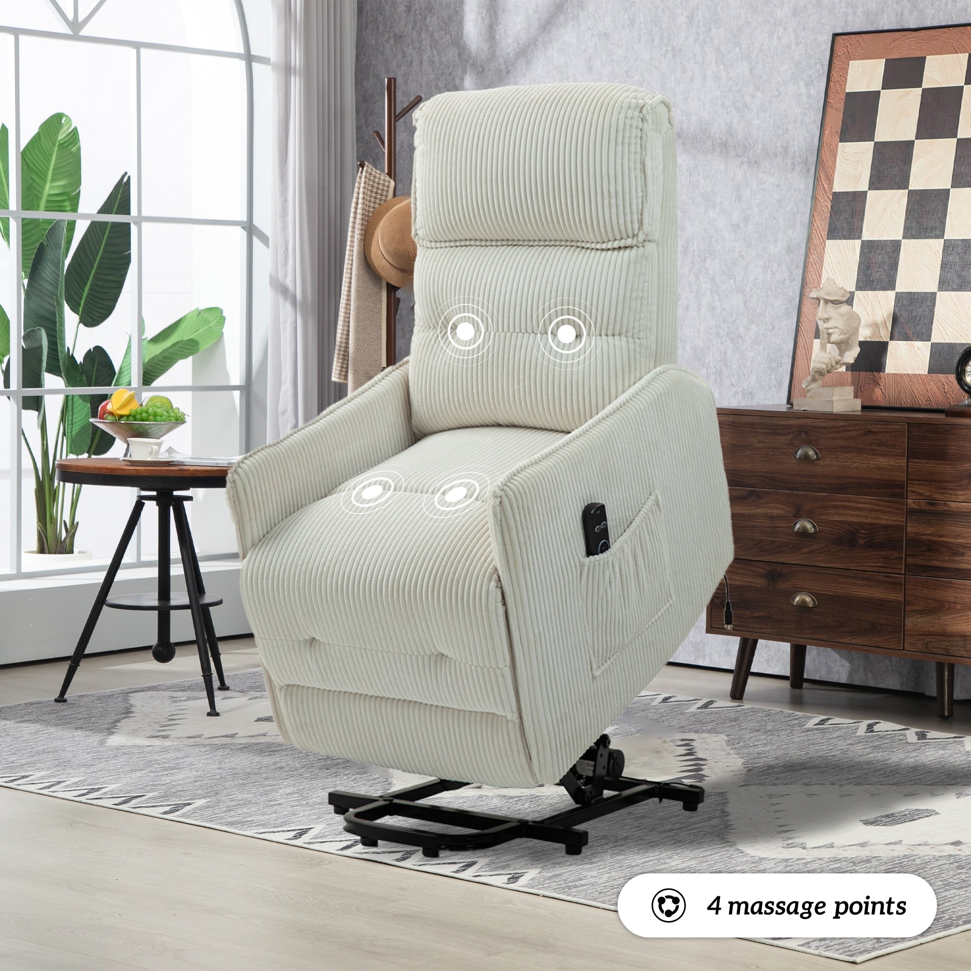 Fauteuil inclinable électrique beige avec poches latérales, ressorts ensachés et coussin moelleux pour salon et chambre