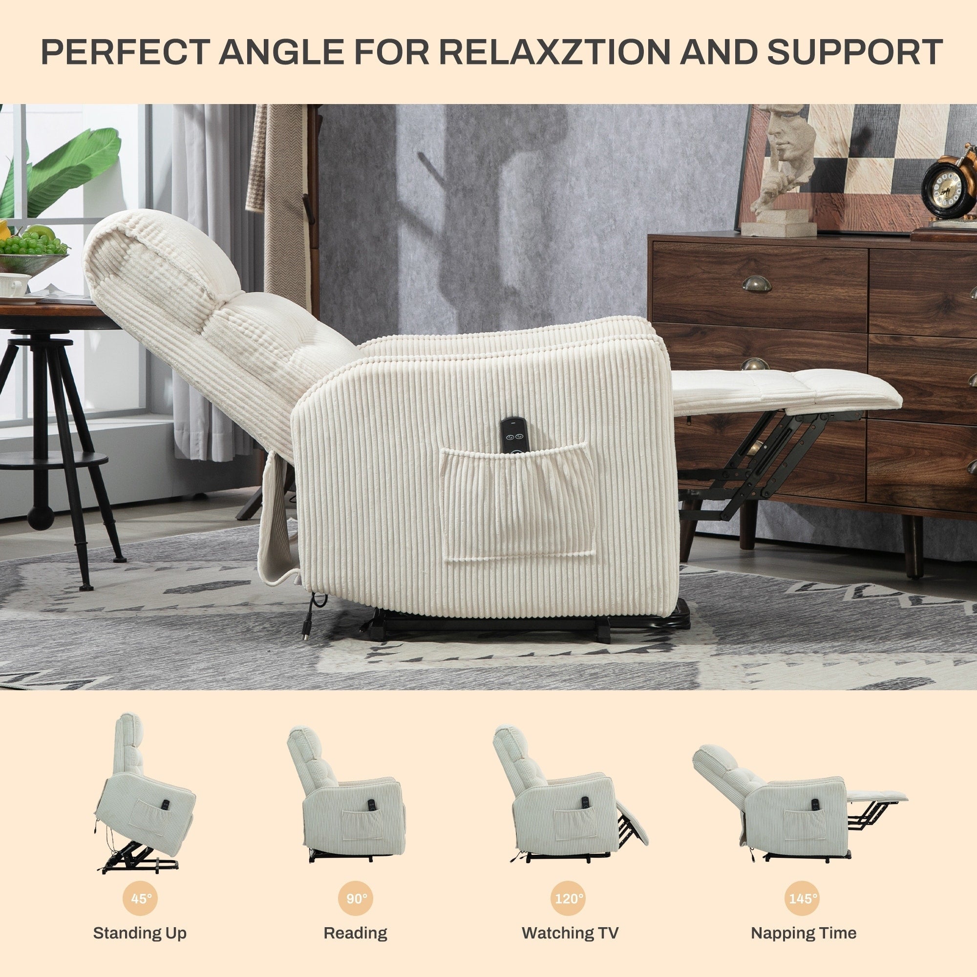 Fauteuil inclinable électrique beige avec poches latérales, ressorts ensachés et coussin moelleux pour salon et chambre