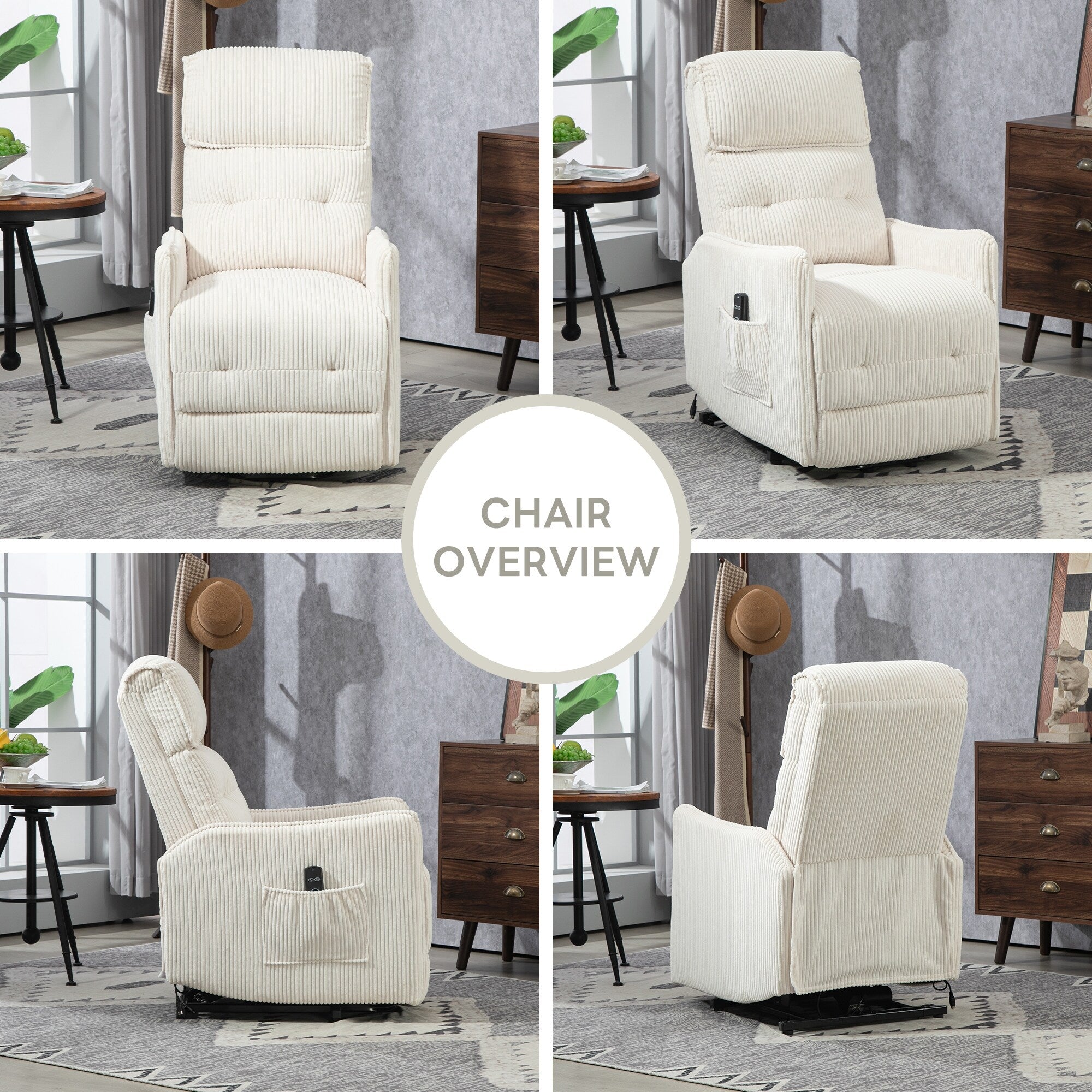 Fauteuil inclinable électrique beige avec poches latérales, ressorts ensachés et coussin moelleux pour salon et chambre