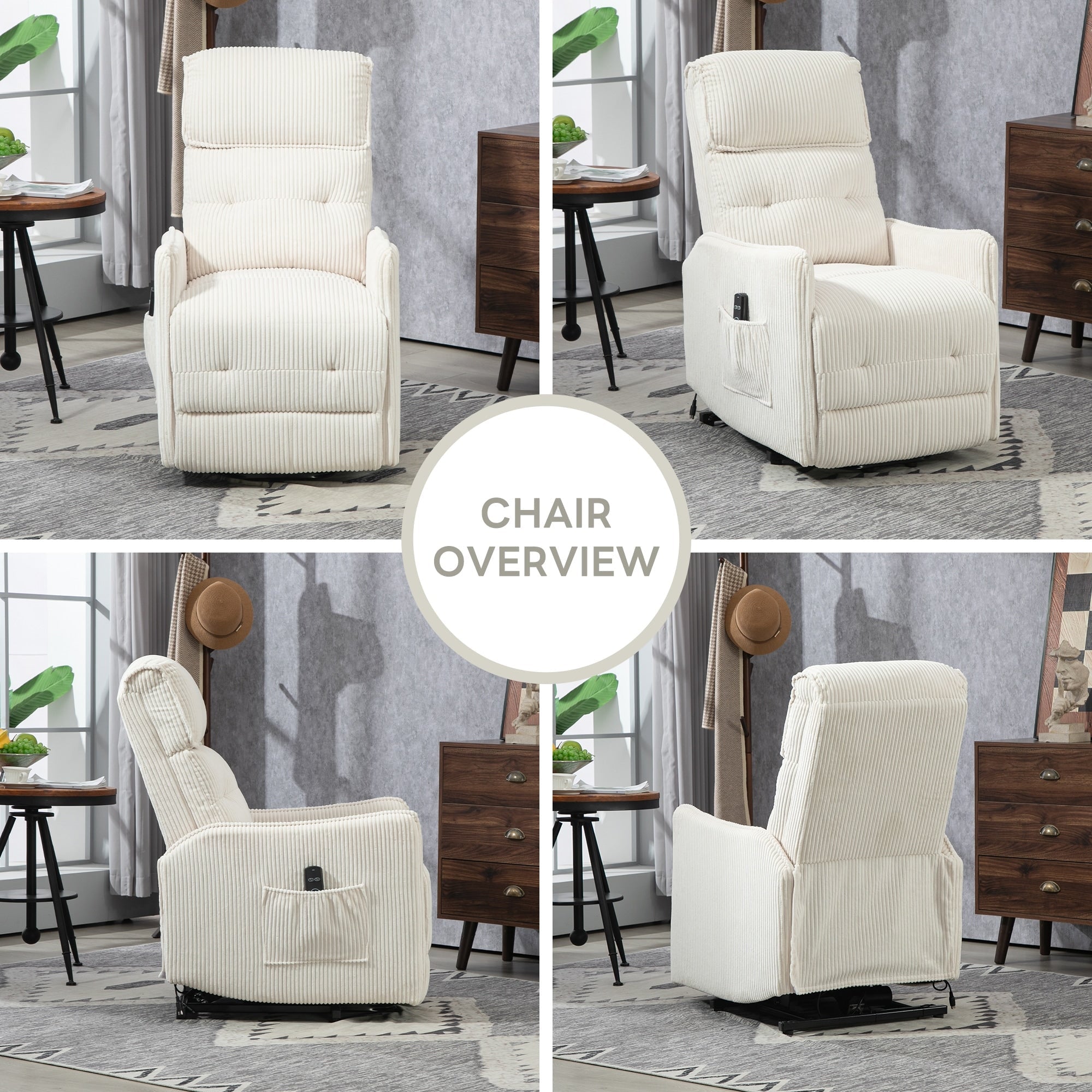Fauteuil inclinable électrique beige avec poches latérales, ressorts ensachés et coussin moelleux pour salon et chambre