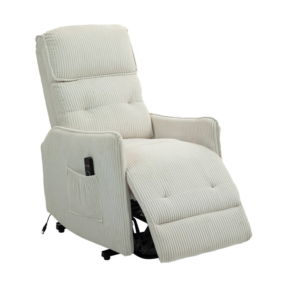 Fauteuil inclinable électrique beige avec poches latérales, ressorts ensachés et coussin moelleux pour salon et chambre