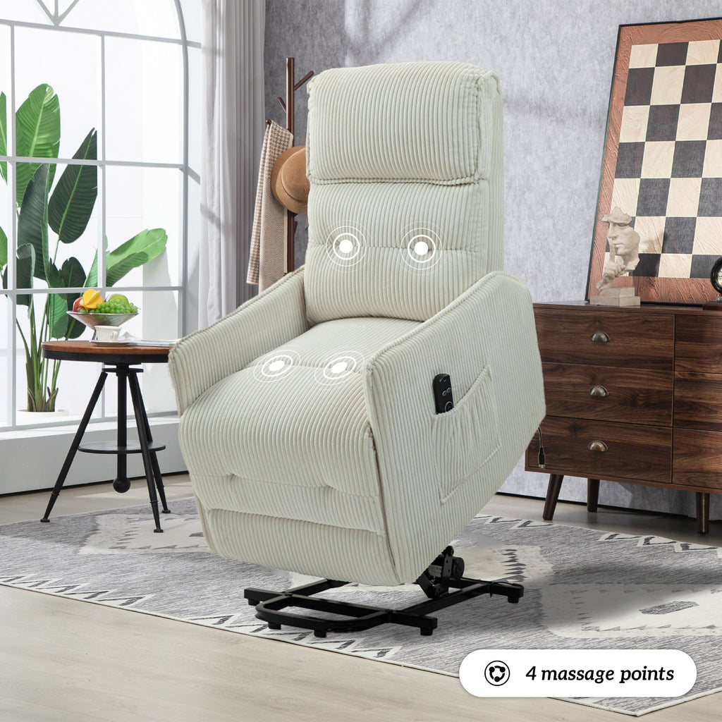 Fauteuil inclinable électrique beige avec poches latérales, ressorts ensachés et coussin moelleux pour salon et chambre