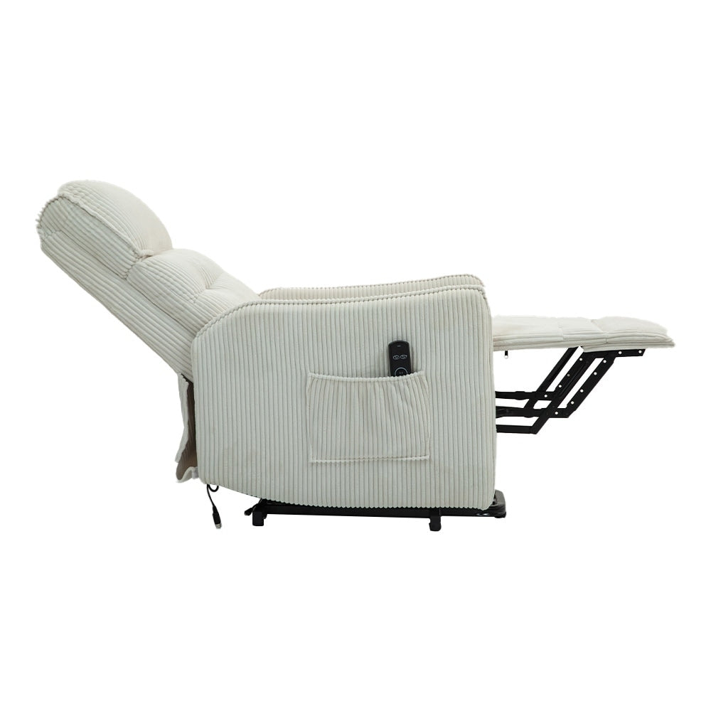 Fauteuil inclinable électrique beige avec poches latérales, ressorts ensachés et coussin moelleux pour salon et chambre