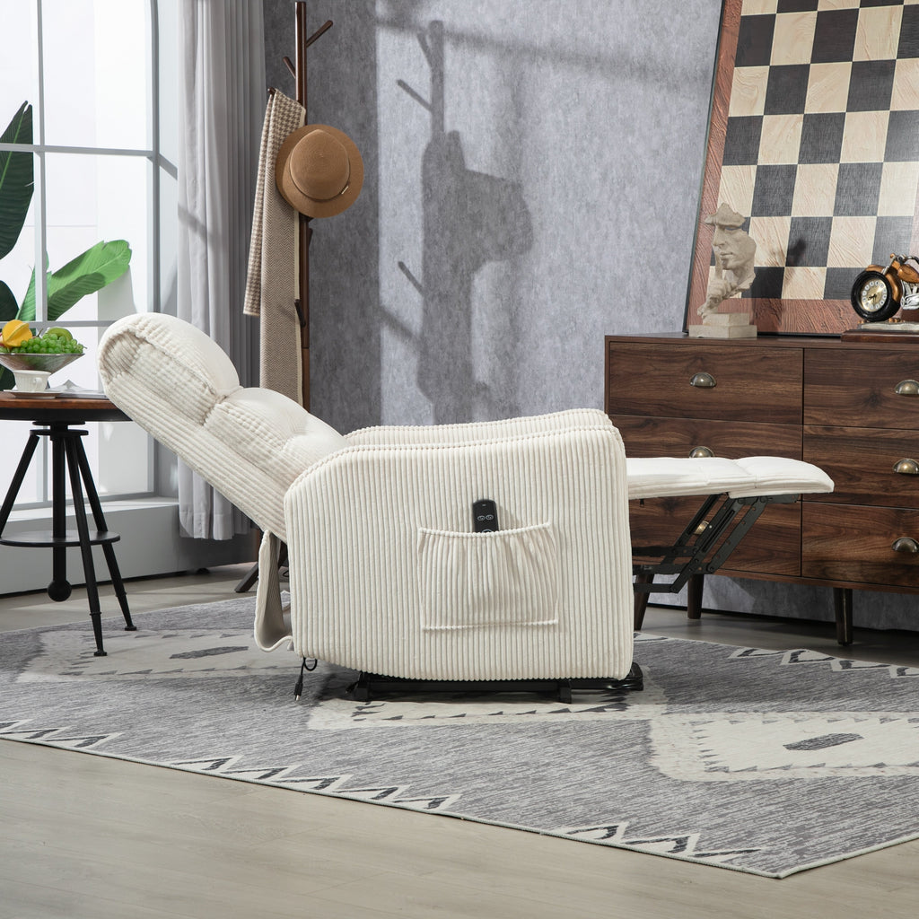 Fauteuil inclinable électrique beige avec poches latérales, ressorts ensachés et coussin moelleux pour salon et chambre