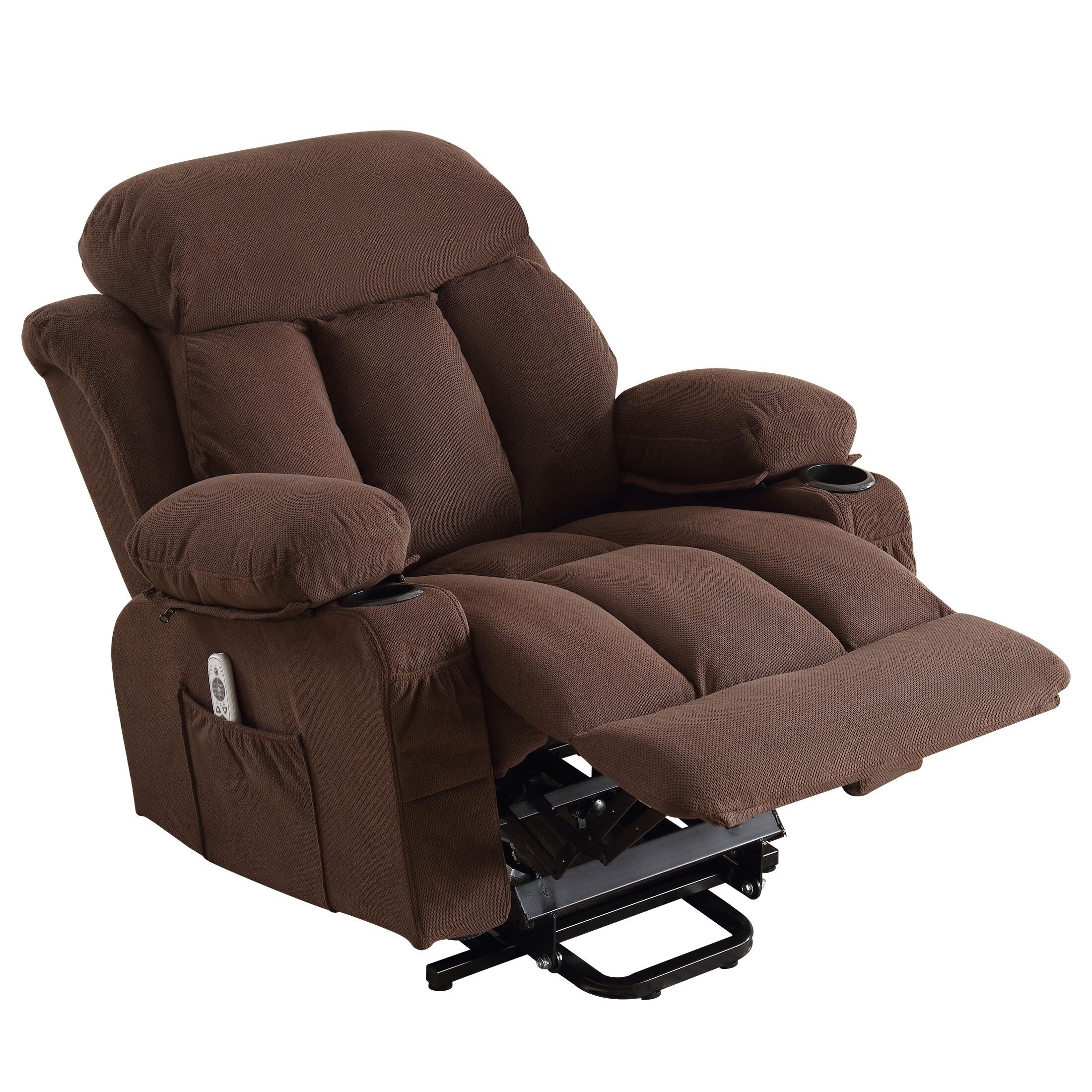 Fauteuil releveur électrique beige avec chauffage, massage, port USB, poches latérales et télécommande pratique